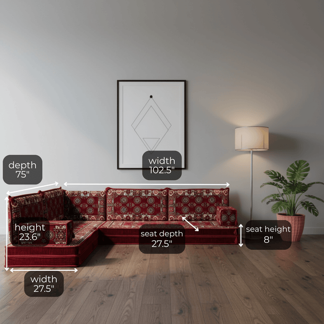 Arabic Floor Sofa Set – Maroon L Shaped Majlis Sectional with 8 Inch Cushions