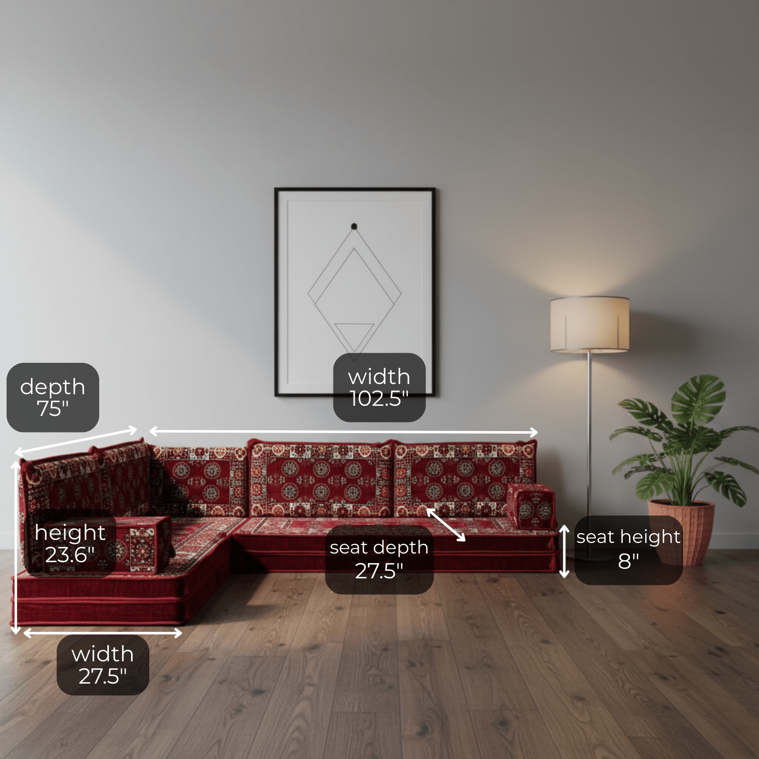 Arabic Floor Sofa Set – Maroon L Shaped Majlis Sectional with 8 Inch Cushions