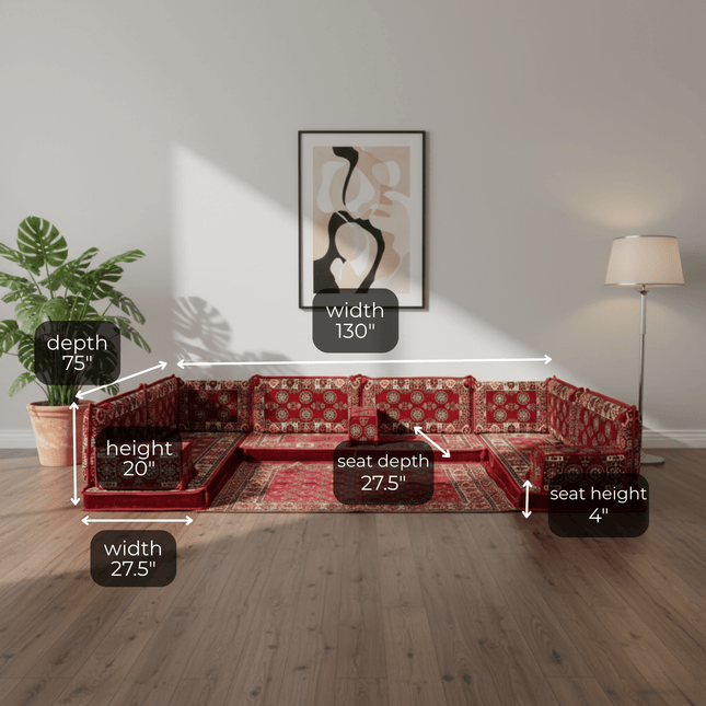 Arabic Floor Sofa Set – Maroon U Shaped Majlis Sectional with 4 Inch Cushions