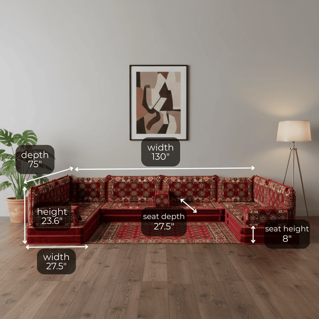 Arabic Floor Sofa Set – Maroon U Shaped Majlis Sectional with 8 Inch Cushions