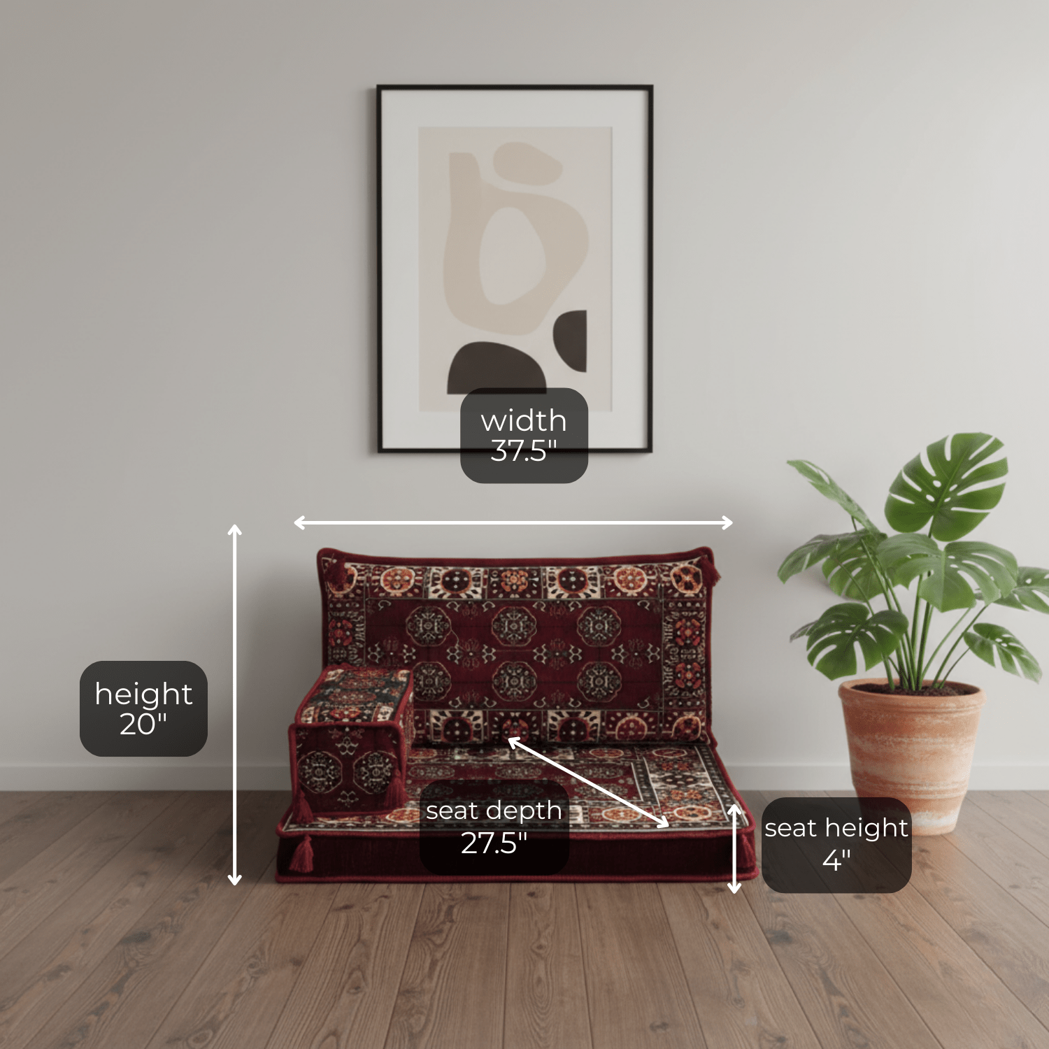 Arabic Half Loveseat Sofa – Maroon Half Loveseat with 4 and 8 Inch Cushion Options