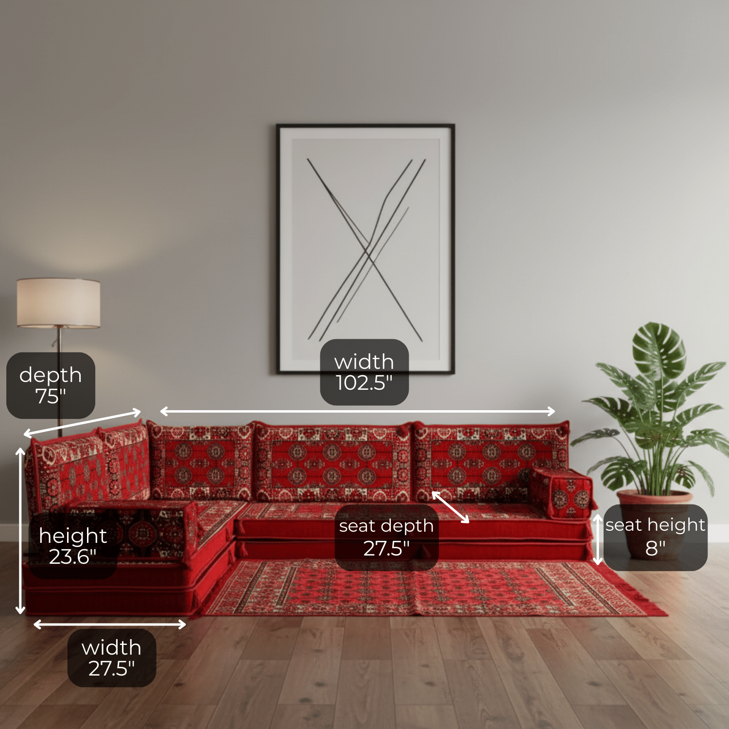 Arabic Floor Sofa Set – Red L Shaped Majlis Sectional with 8 Inch Cushions