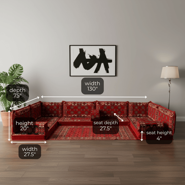 Arabic Floor Sofa Set – Red U Shaped Majlis Sectional with 4 Inch Cushions