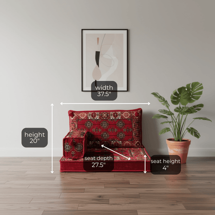 Arabic Half Loveseat Sofa – Red Half Loveseat with 4 and 8 Inch Cushion Options