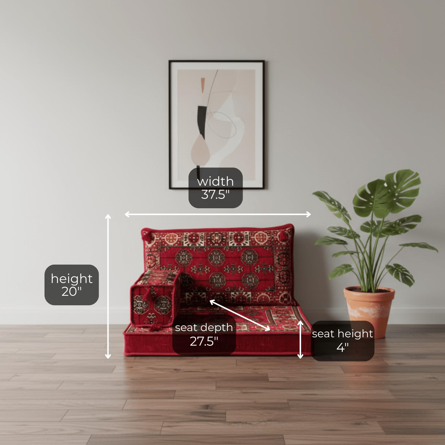 Arabic Half Loveseat Sofa – Red Half Loveseat with 4 and 8 Inch Cushion Options