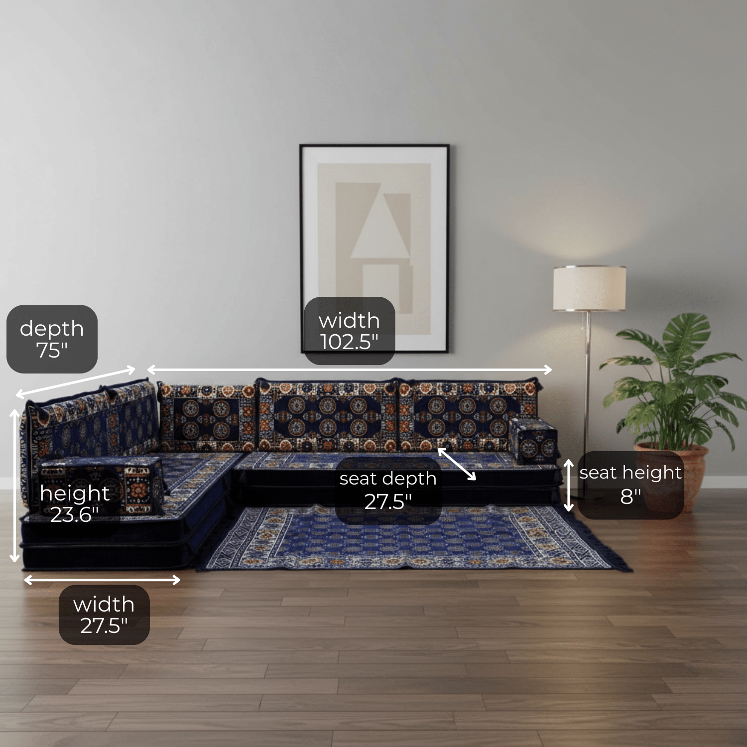Arabic Floor Sofa Set – Navy L Shaped Majlis Sectional with 8 Inch Cushions
