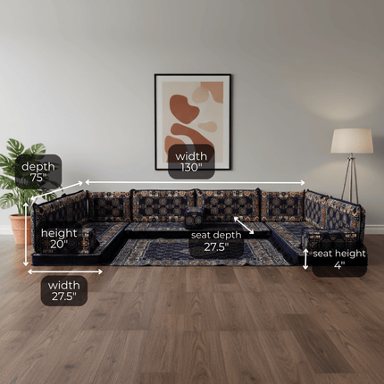 Arabic Floor Sofa Set – Navy U Shaped Majlis Sectional with 4 Inch Cushions