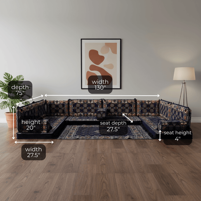 Arabic Floor Sofa Set – Navy U Shaped Majlis Sectional with 4 Inch Cushions
