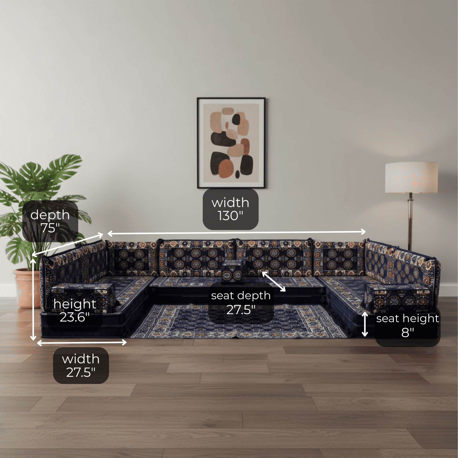 Arabic Floor Sofa Set – Navy U Shaped Majlis Sectional with 8 Inch Cushions