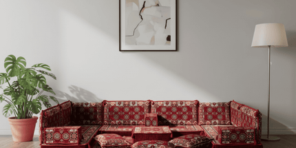 Arabic Floor Sofa Set – Maroon U Shaped Majlis Sectional with 4 Inch Cushions