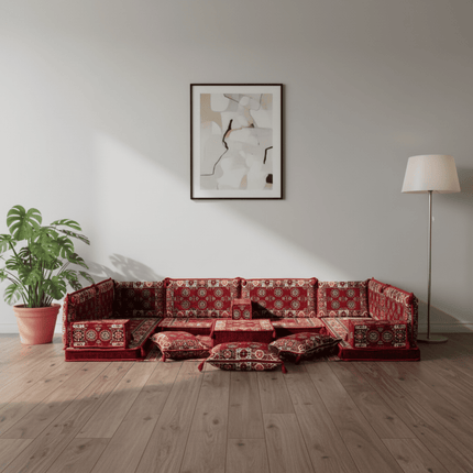Arabic Floor Sofa Set – Maroon U Shaped Majlis Sectional with 4 Inch Cushions
