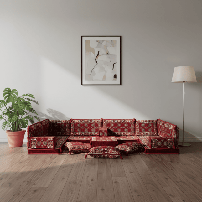 Arabic Floor Sofa Set – Maroon U Shaped Majlis Sectional with 4 Inch Cushions
