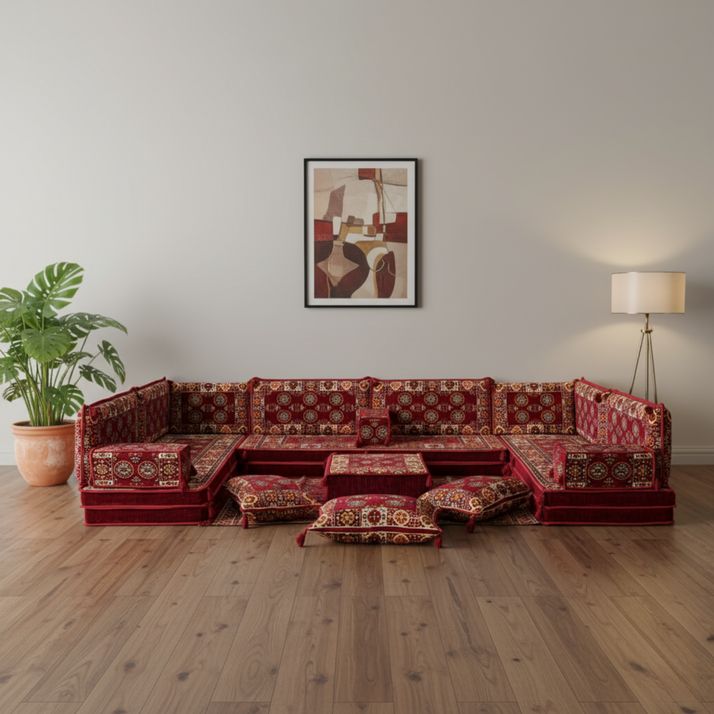 Arabic Floor Sofa Set – Maroon U Shaped Majlis Sectional with 8 Inch C –  Floorsofa.co, image size:1024x1024