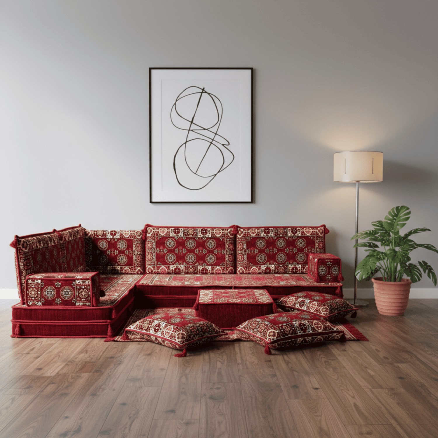 Arabic Floor Sofa Set – Maroon L Shaped Majlis Sectional with 8 Inch Cushions