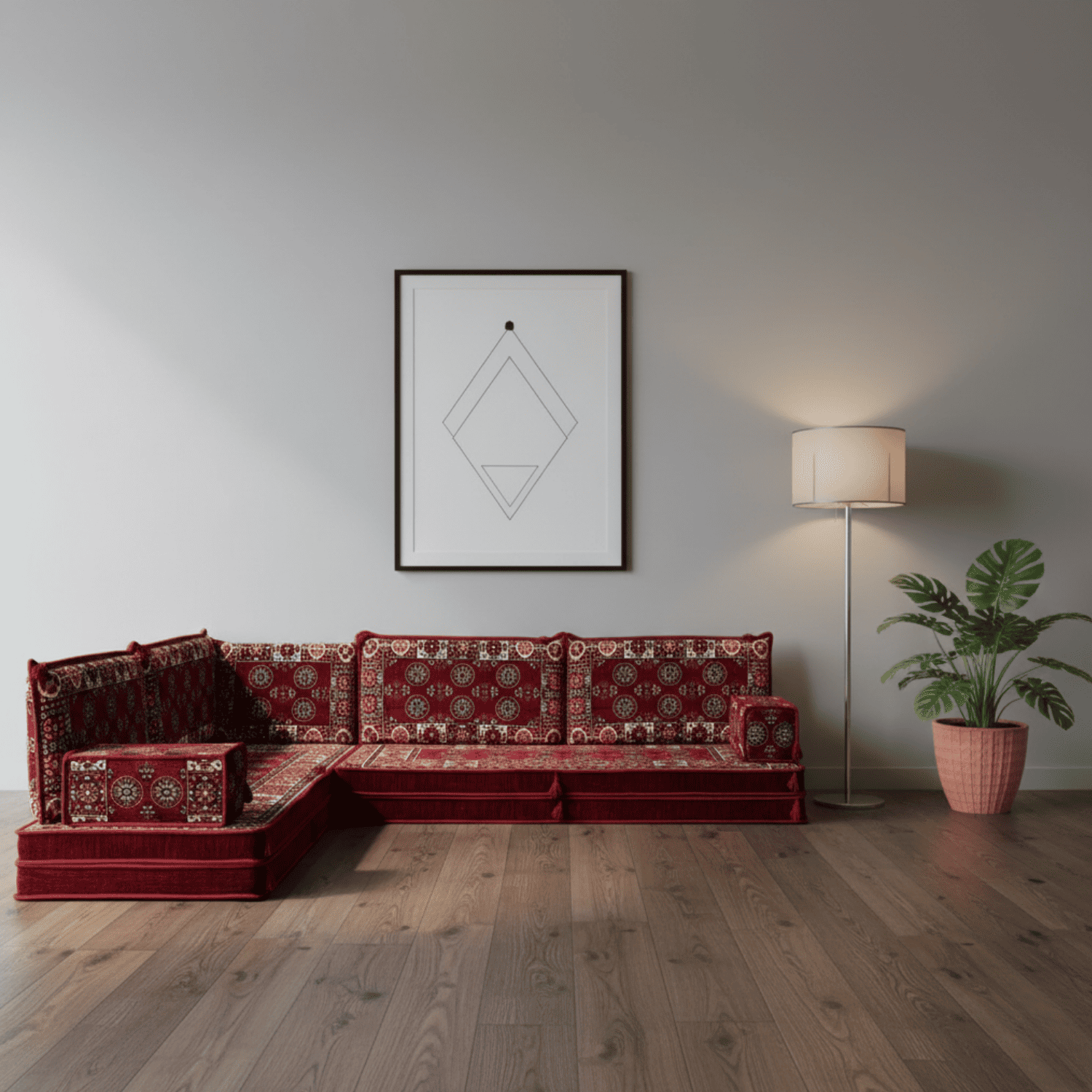 Arabic Floor Sofa Set – Maroon L Shaped Majlis Sectional with 8 Inch Cushions