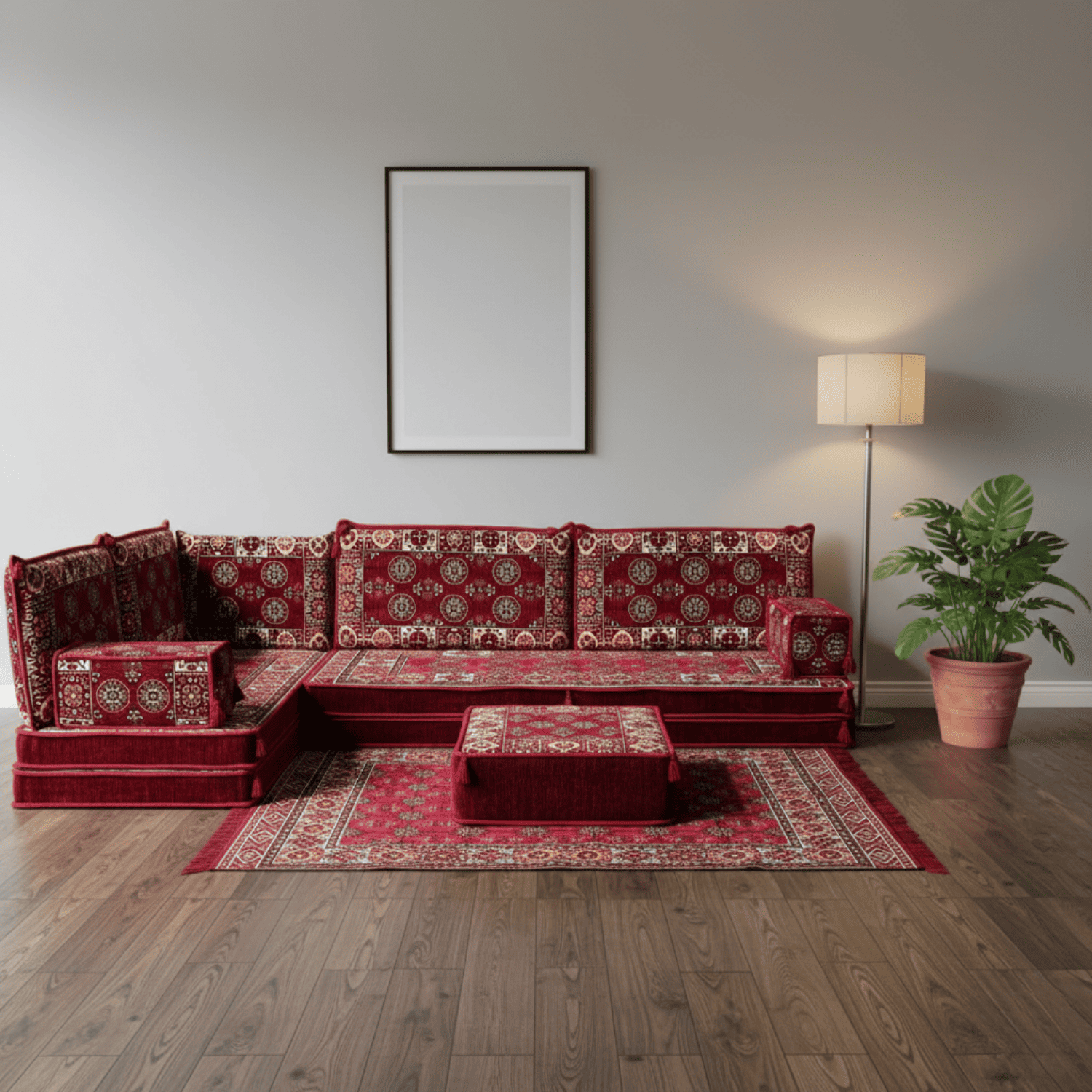 Arabic Floor Sofa Set – Maroon L Shaped Majlis Sectional with 8 Inch Cushions