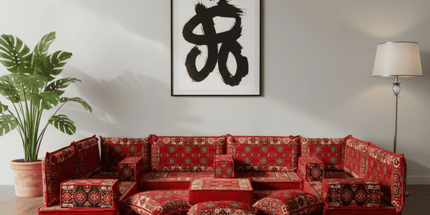 Arabic Floor Sofa Set – Red U Shaped Majlis Sectional with 4 Inch Cushions