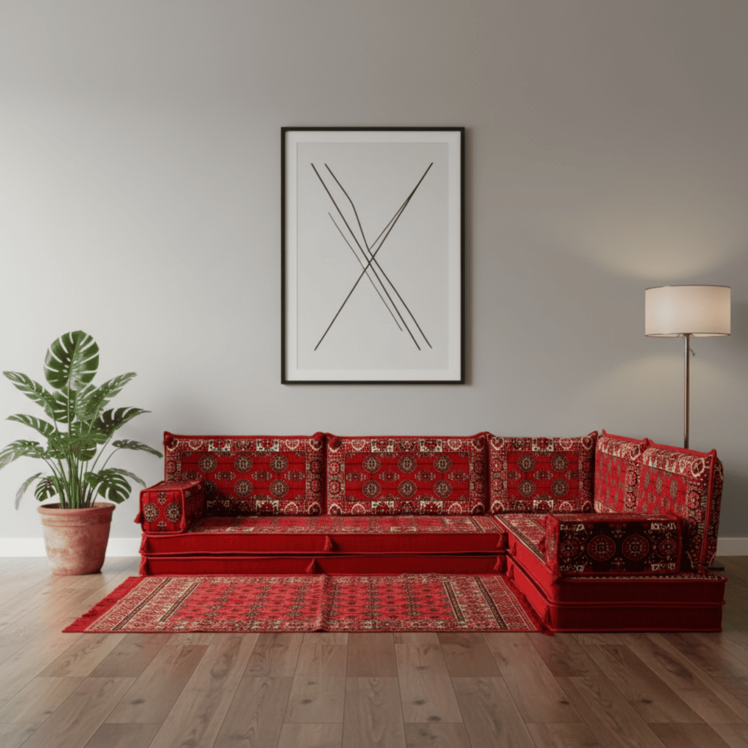 Arabic Floor Sofa Set – Red L Shaped Majlis Sectional with 8 Inch Cushions