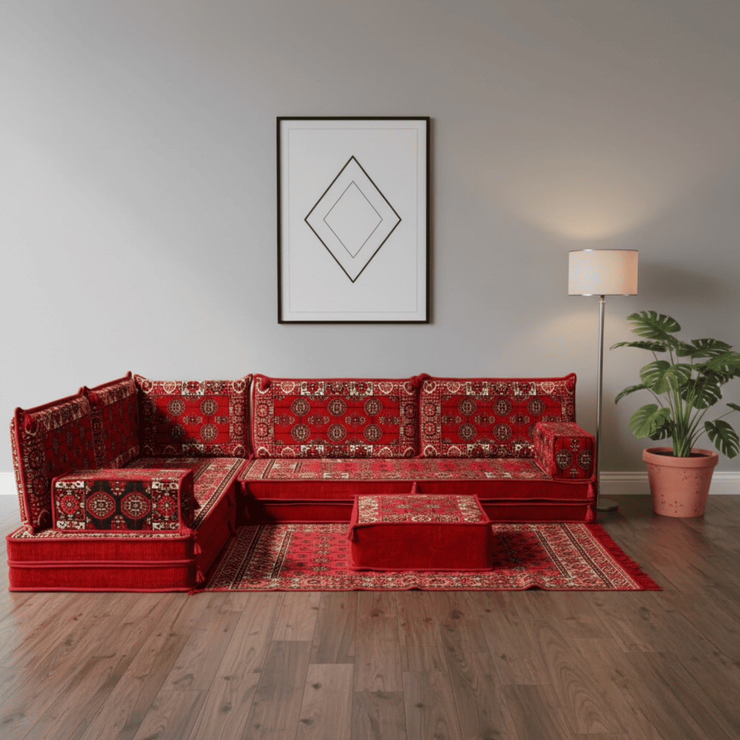 Arabic Floor Sofa Set – Red L Shaped Majlis Sectional with 8 Inch Cushions
