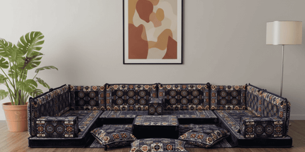 Arabic Floor Sofa Set – Navy U Shaped Majlis Sectional with 4 Inch Cushions