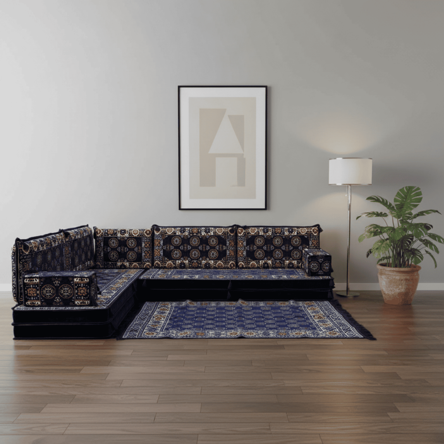 Arabic Floor Sofa Set – Navy L Shaped Majlis Sectional with 8 Inch Cushions
