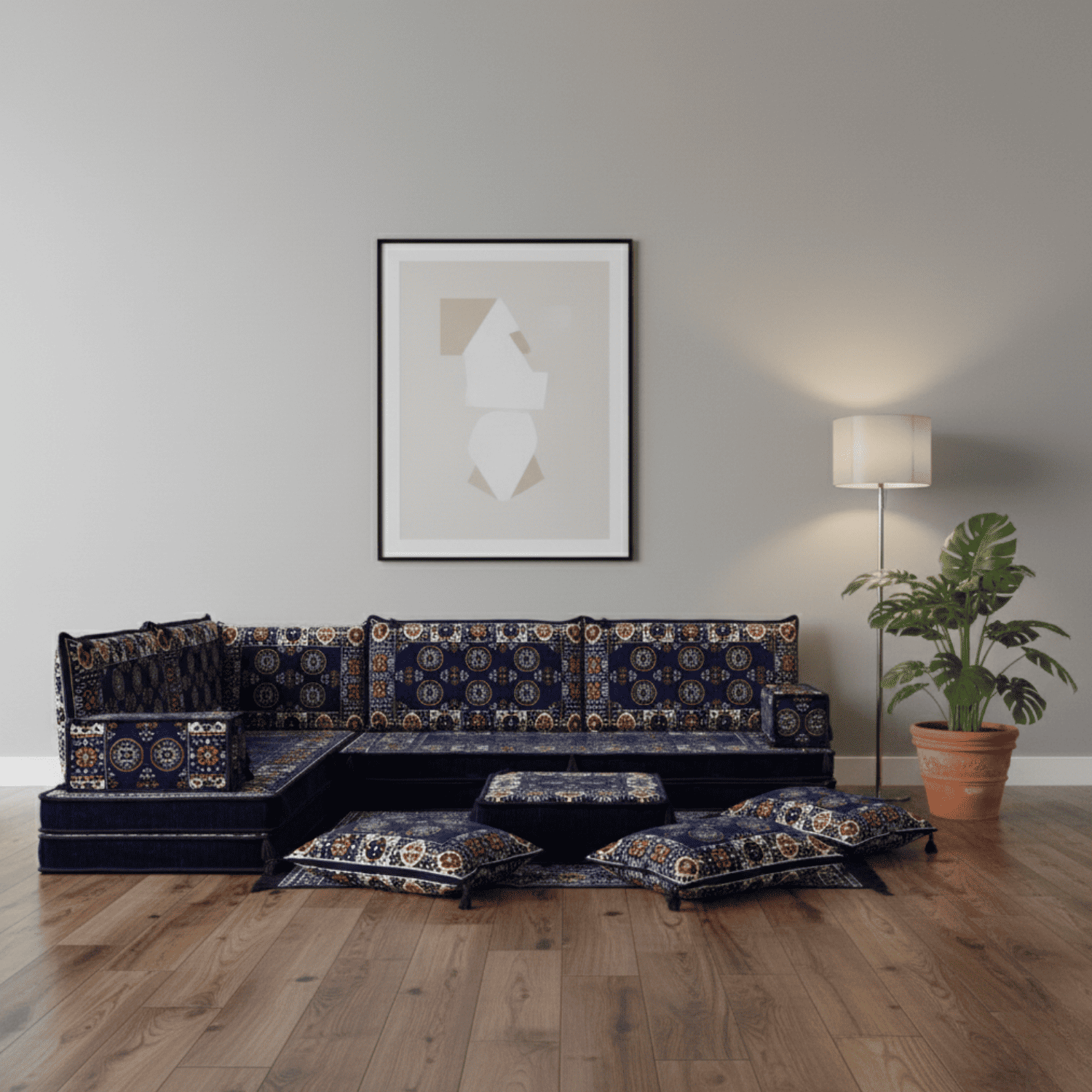 Arabic Floor Sofa Set – Navy L Shaped Majlis Sectional with 8 Inch Cushions
