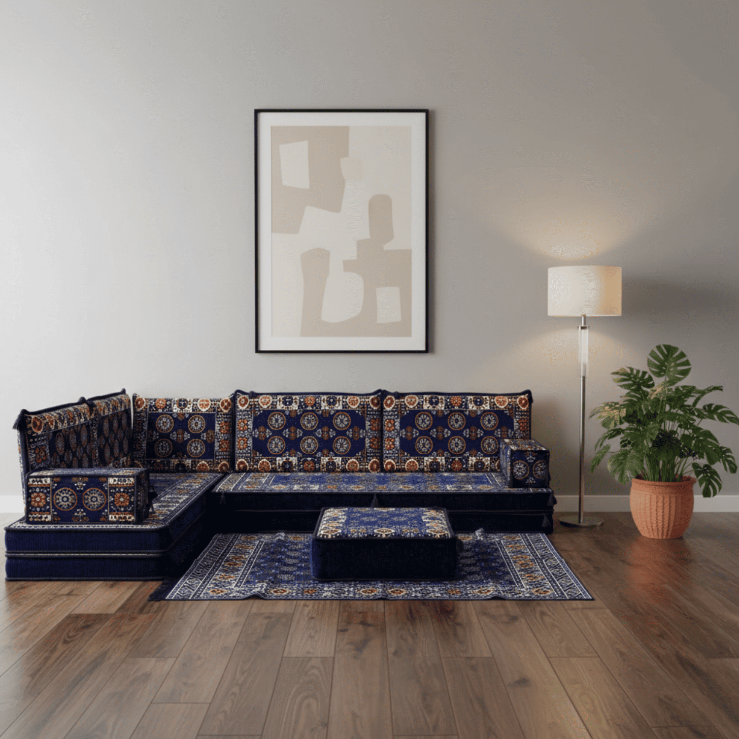 Arabic Floor Sofa Set – Navy L Shaped Majlis Sectional with 8 Inch Cushions