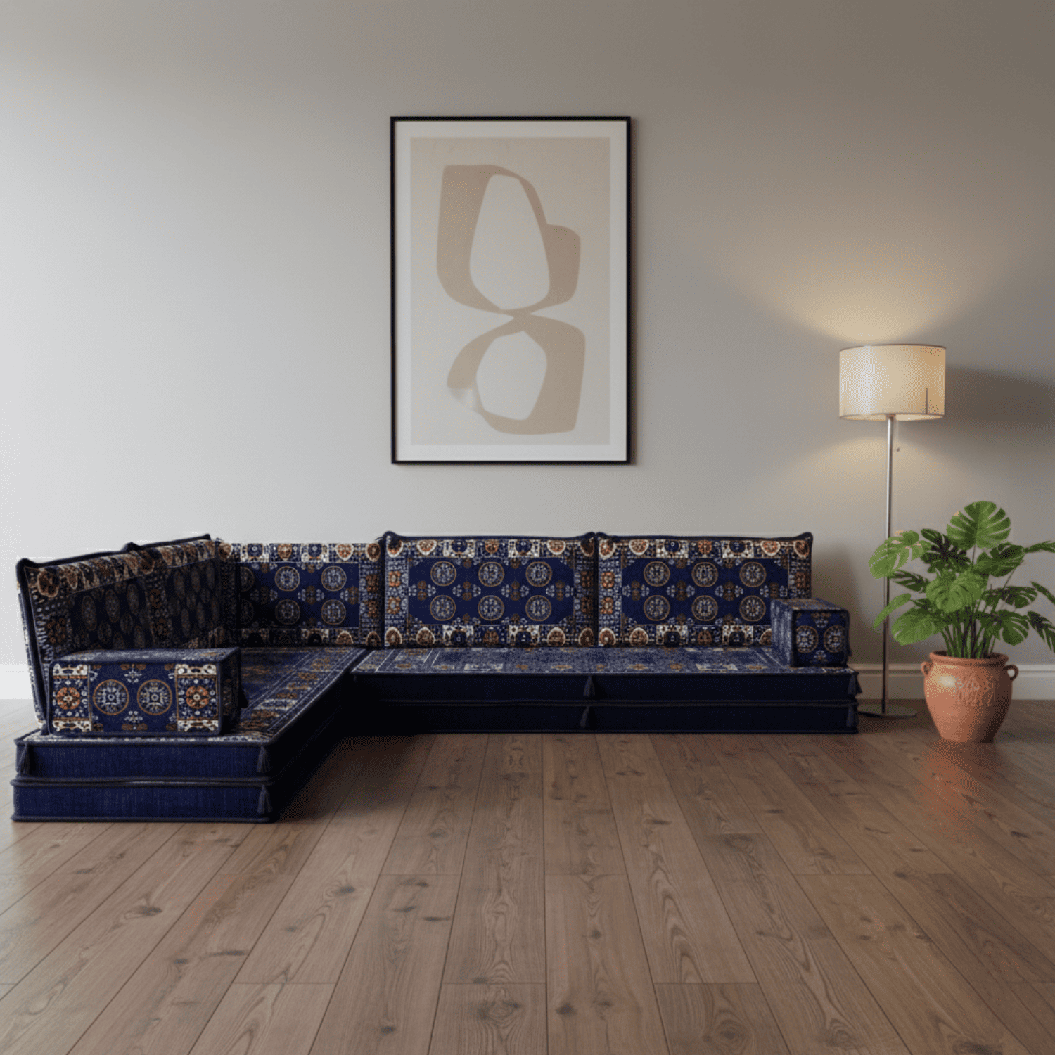 Arabic Floor Sofa Set – Navy L Shaped Majlis Sectional with 8 Inch Cushions