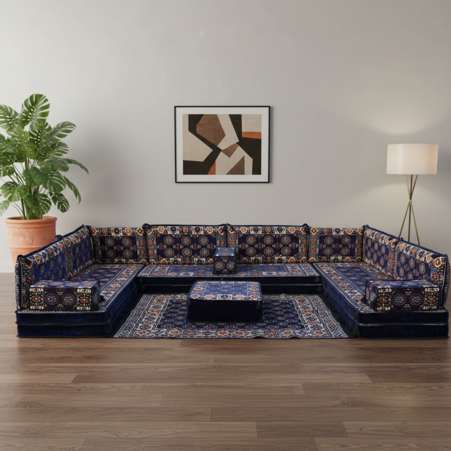 Arabic Floor Sofa Set – Navy U Shaped Majlis Sectional with 8 Inch Cushions