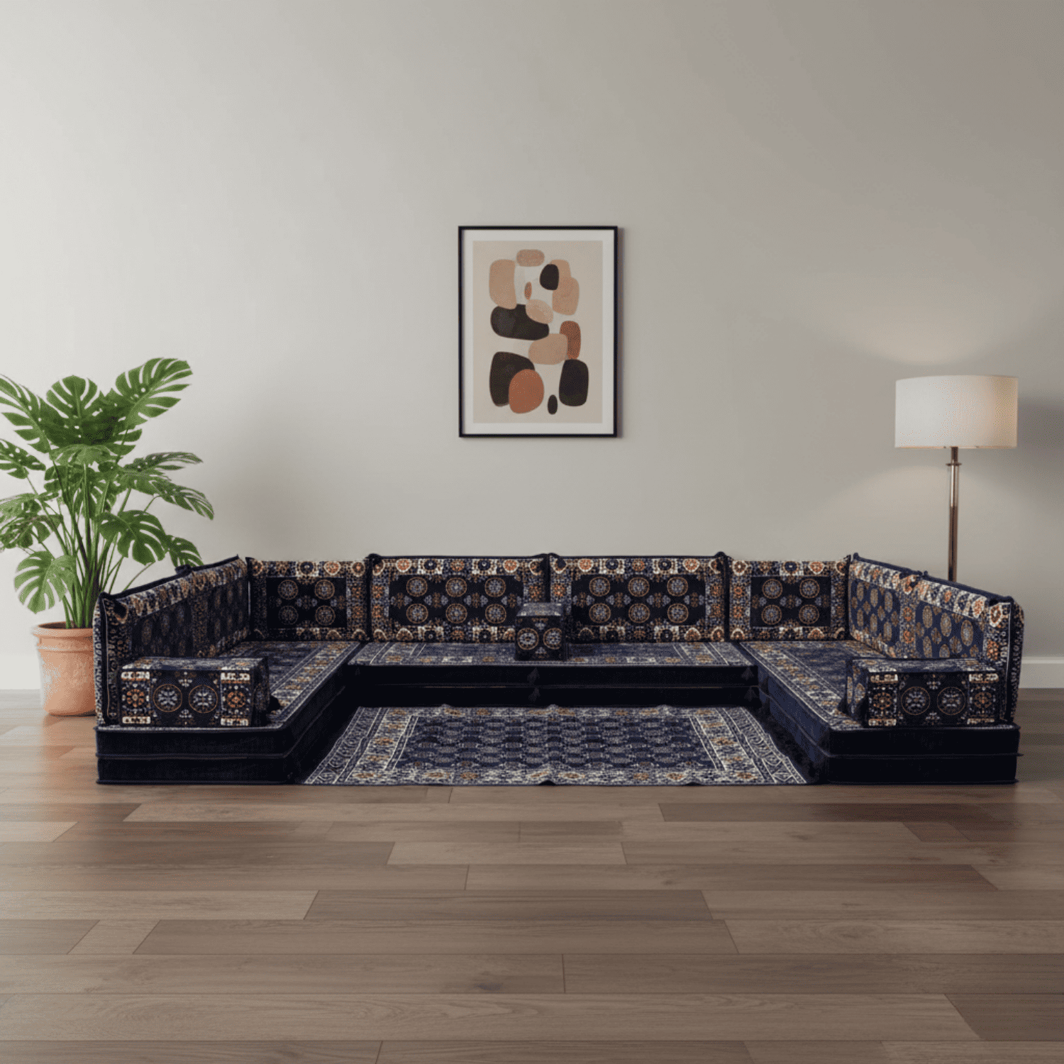 Arabic Floor Sofa Set – Navy U Shaped Majlis Sectional with 8 Inch Cushions