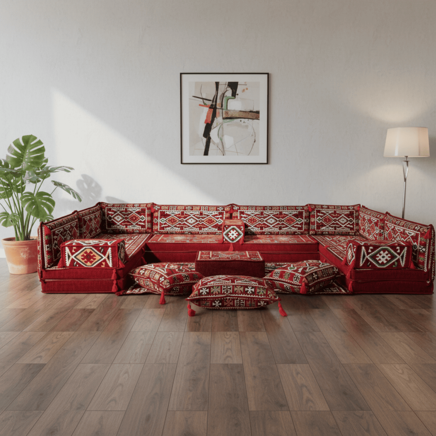 Arabic Floor Sofa Set – Maroon U Shaped Majlis Sectional with 8 Inch Cushions