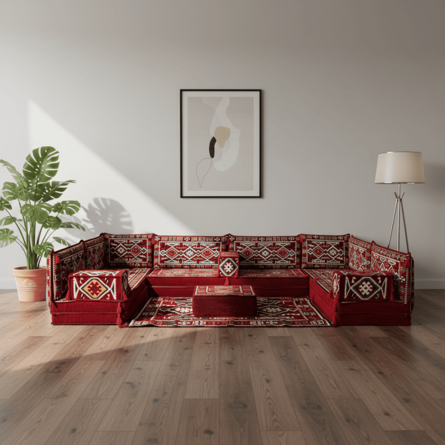 Arabic Floor Sofa Set – Maroon U Shaped Majlis Sectional with 8 Inch Cushions