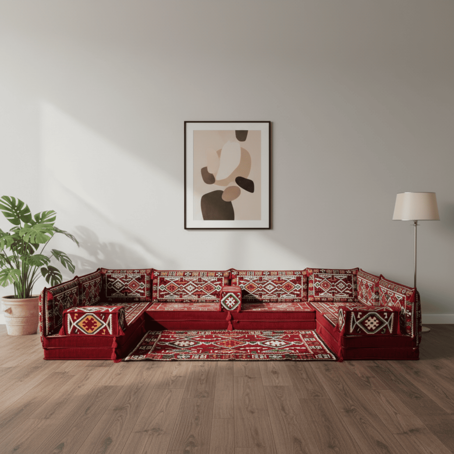 Arabic Floor Sofa Set – Maroon U Shaped Majlis Sectional with 8 Inch Cushions