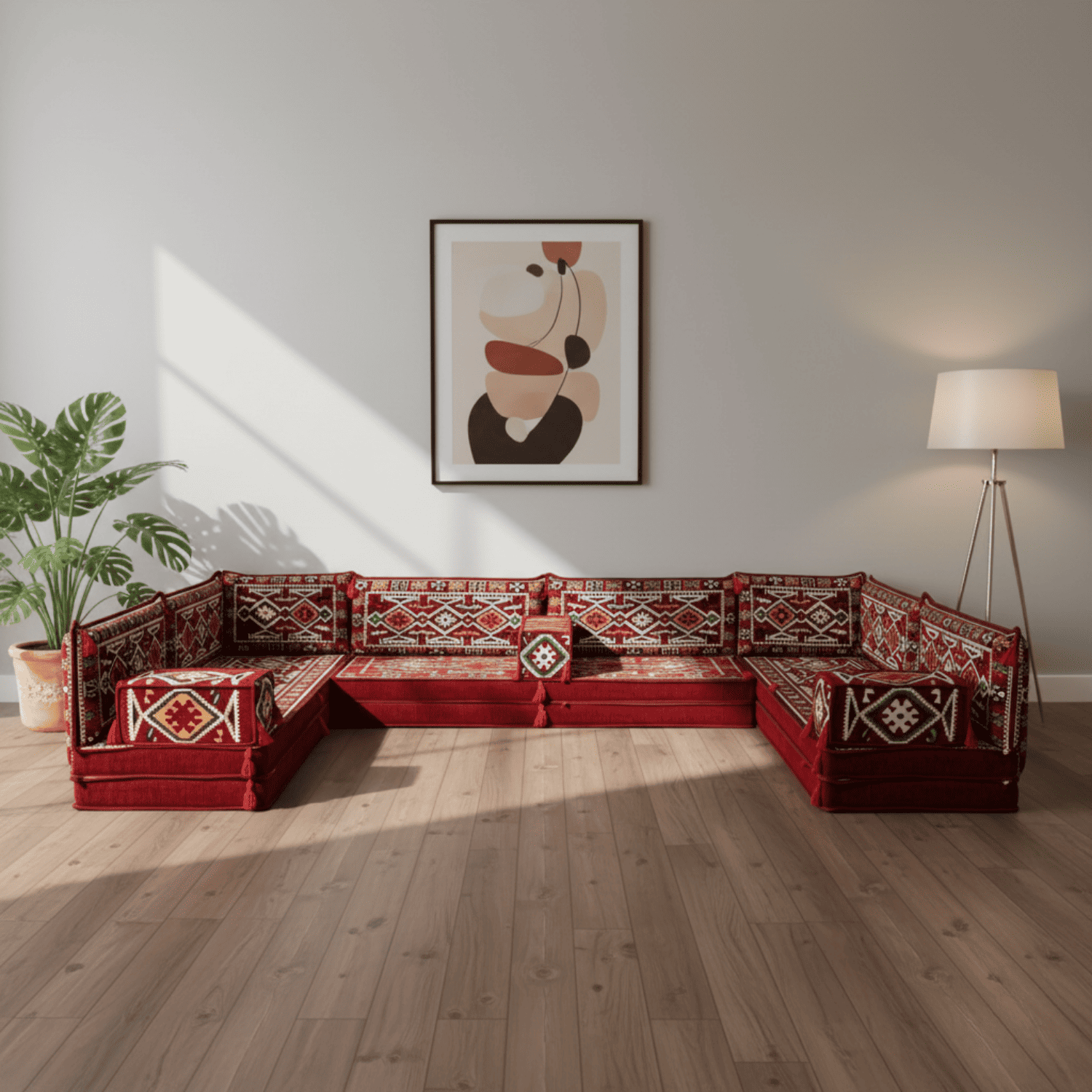 Arabic Floor Sofa Set – Maroon U Shaped Majlis Sectional with 8 Inch Cushions