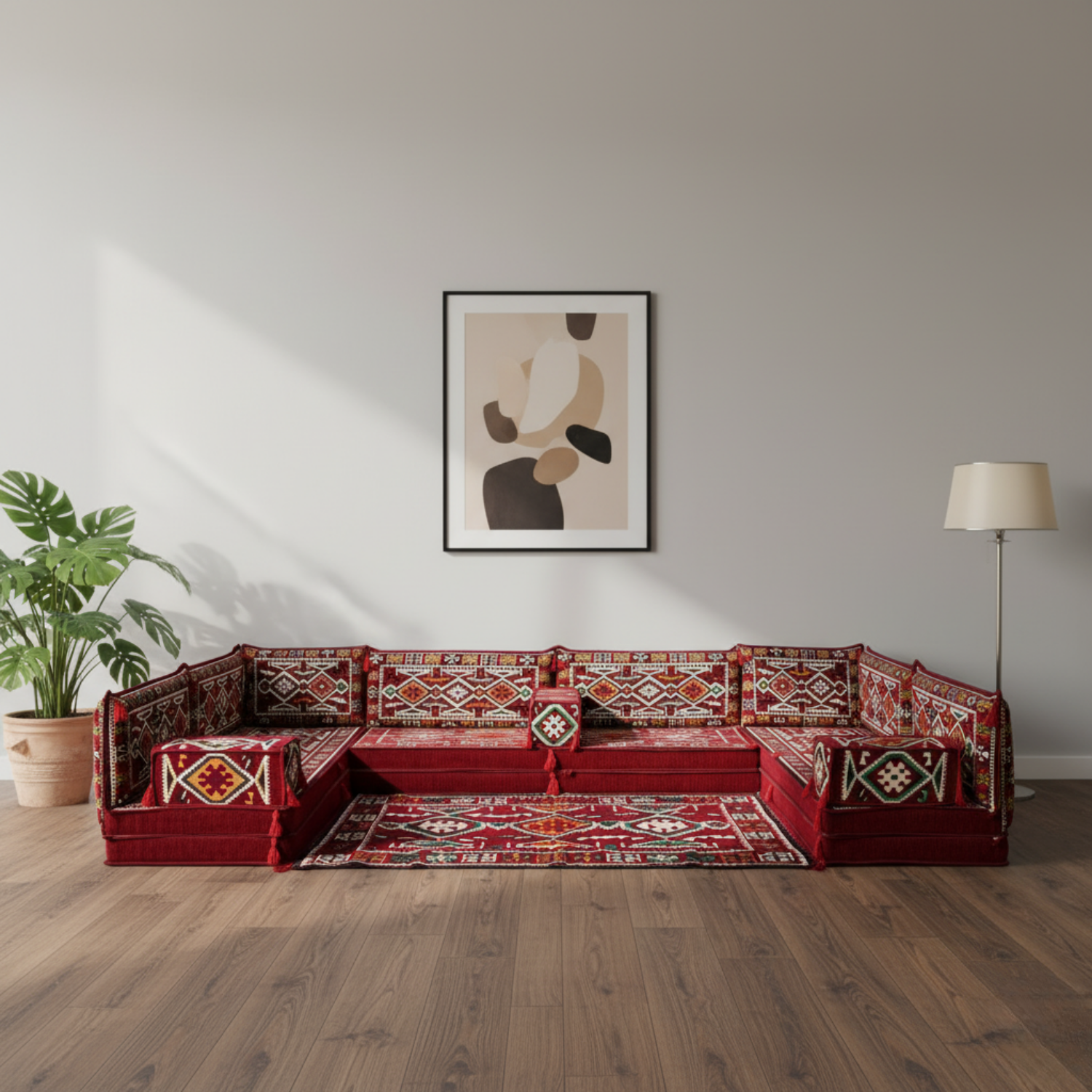 Arabic Floor Sofa Set – Maroon U Shaped Majlis Sectional with 8 Inch Cushions