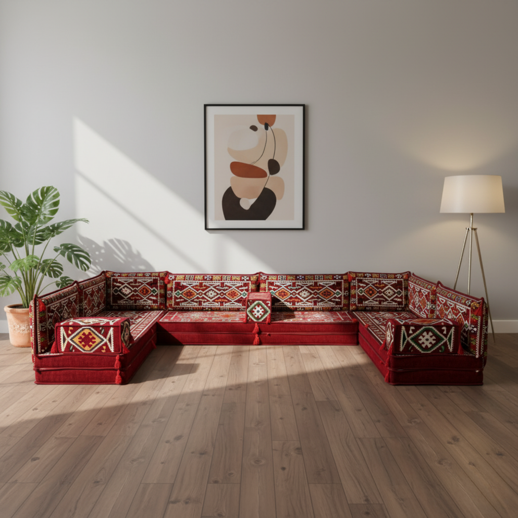 Arabic Floor Sofa Set – Maroon U Shaped Majlis Sectional with 8 Inch Cushions
