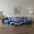 Arabic Floor Sofa Set – Blue U Shaped Majlis Sectional with 8 Inch Cushions