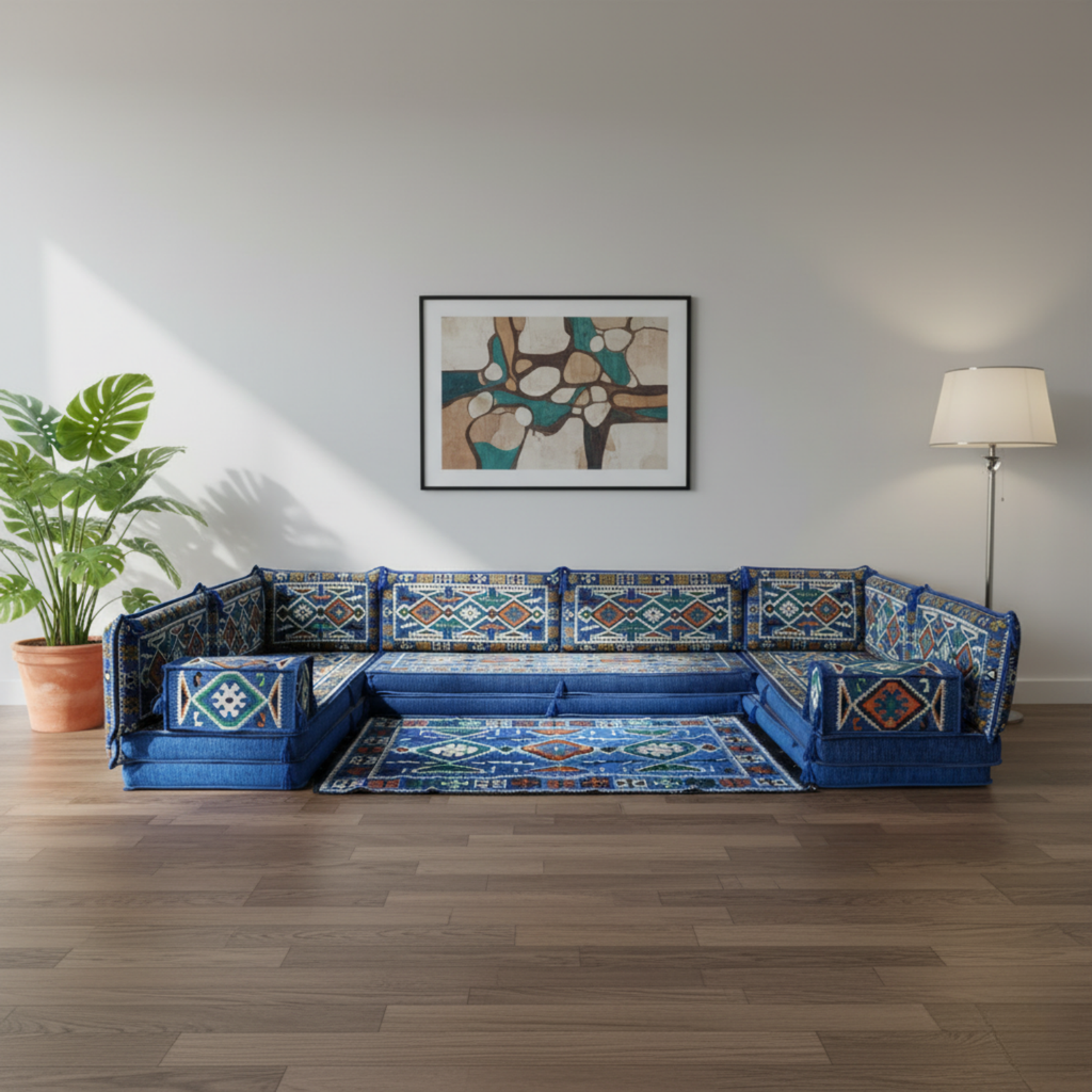 Arabic Floor Sofa Set – Blue U Shaped Majlis Sectional with 8 Inch Cushions