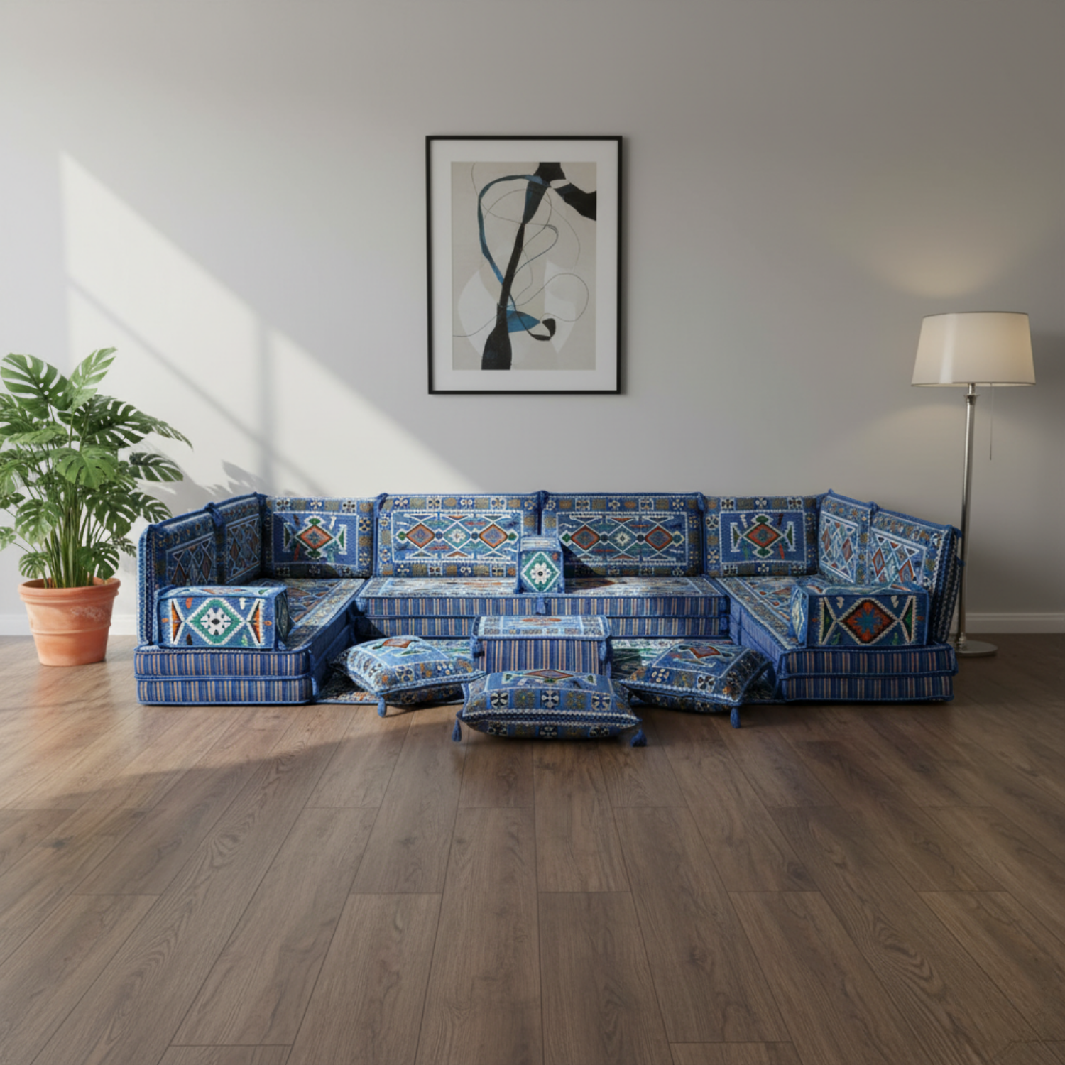 Arabic Floor Sofa Set – Navy Blue U Shaped Majlis Sectional with 8 Inch Cushions
