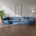 Arabic Floor Sofa Set – Navy Blue U Shaped Majlis Sectional with 8 Inch Cushions