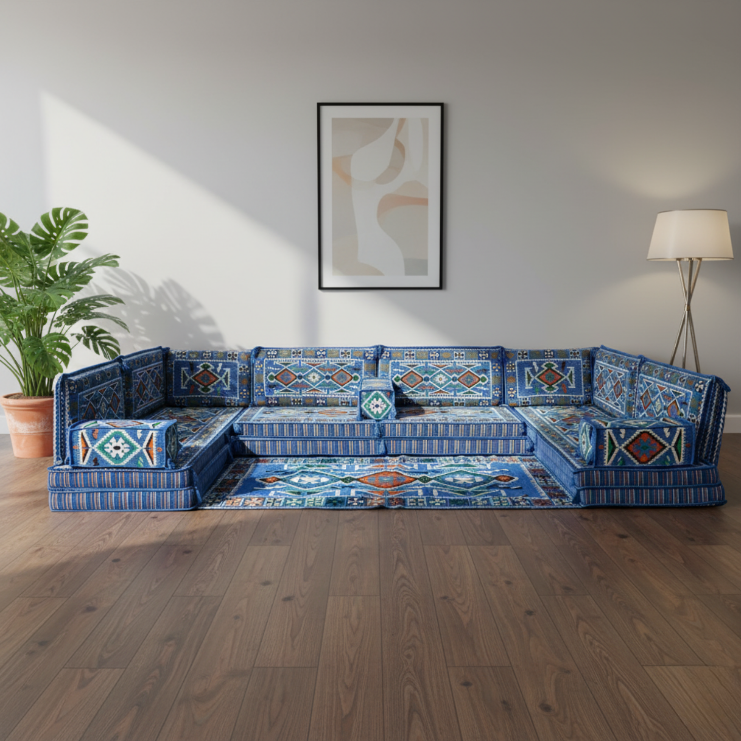 Arabic Floor Sofa Set – Navy Blue U Shaped Majlis Sectional with 8 Inch Cushions