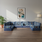 Arabic Floor Sofa Set – Navy Blue U Shaped Majlis Sectional with 8 Inch Cushions