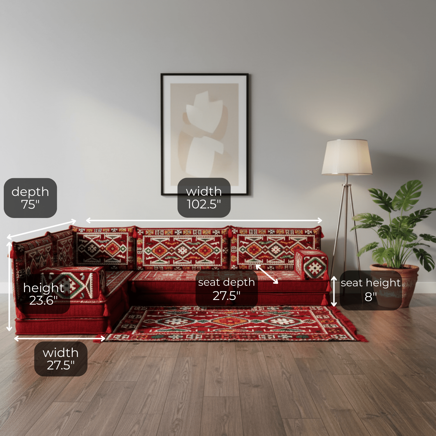Arabic Floor Sofa Set – Maroon L Shaped Majlis Sectional with 8 Inch Cushions