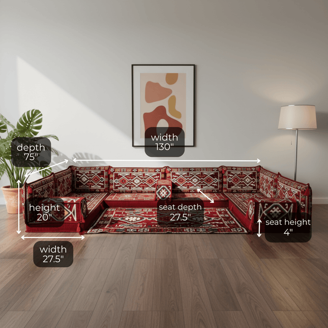 Arabic Floor Sofa Set – Maroon U Shaped Majlis Sectional with 4 Inch Cushions