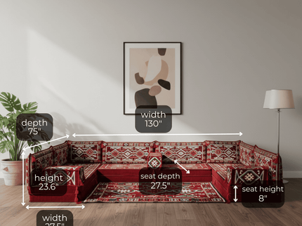 Cappadocia Kilim U-shaped Arabic majlis floor sofa in Burgundy, 8-inch cushions - photo 3