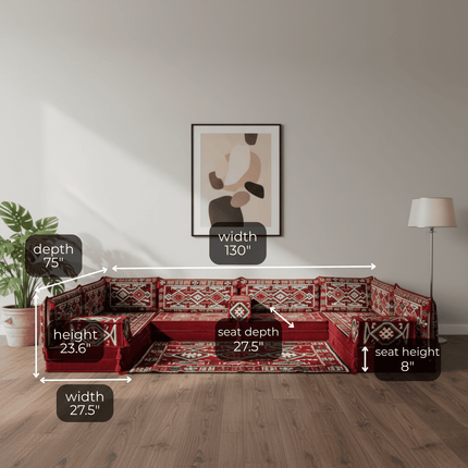 Arabic Floor Sofa Set – Maroon U Shaped Majlis Sectional with 8 Inch Cushions