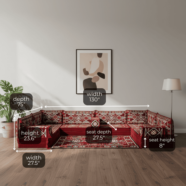 Arabic Floor Sofa Set – Maroon U Shaped Majlis Sectional with 8 Inch Cushions