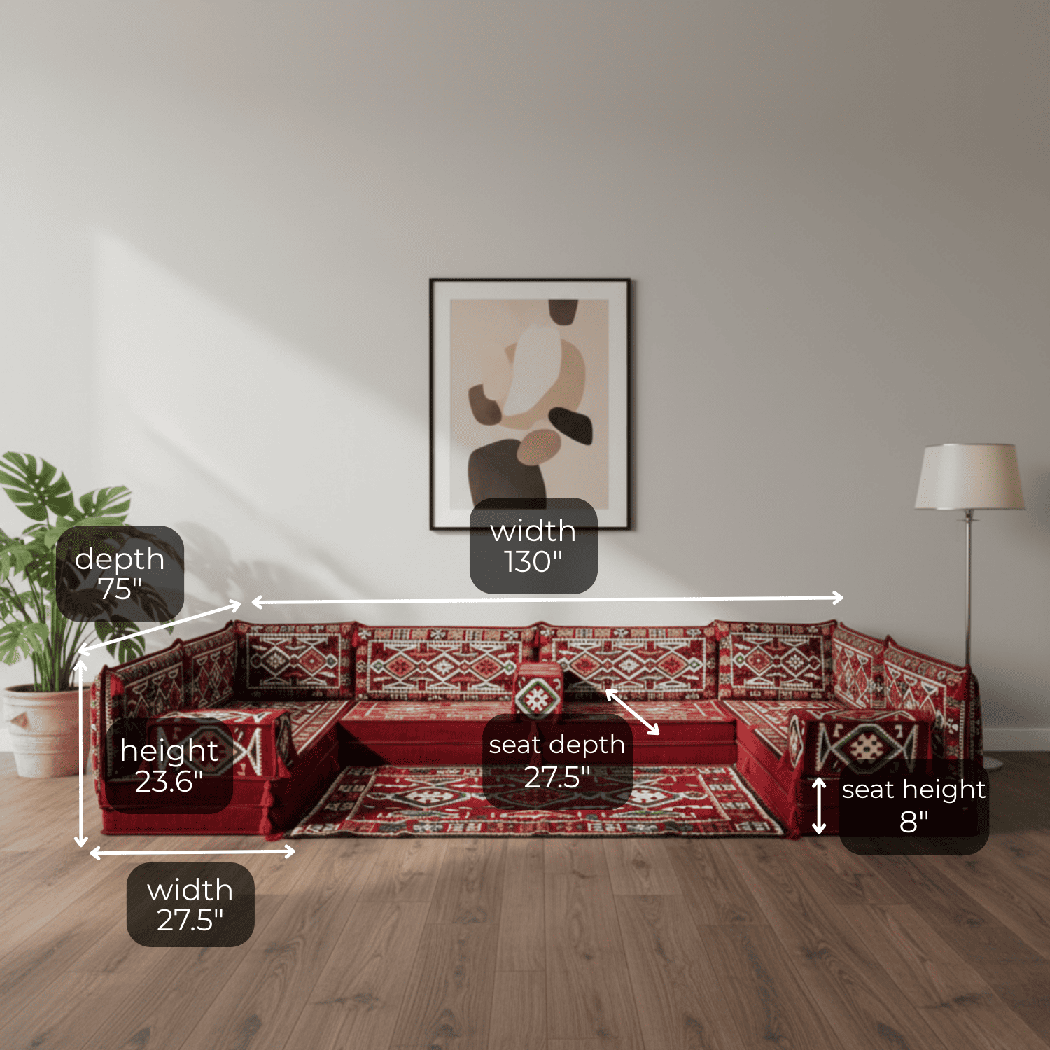 Arabic Floor Sofa Set – Maroon U Shaped Majlis Sectional with 8 Inch Cushions