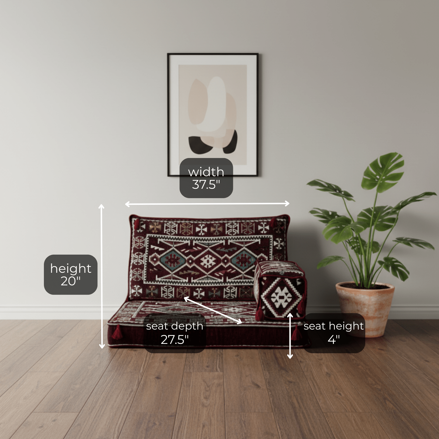 Arabic Half Loveseat Sofa – Maroon Half Loveseat with 4 and 8 Inch Cushion Options