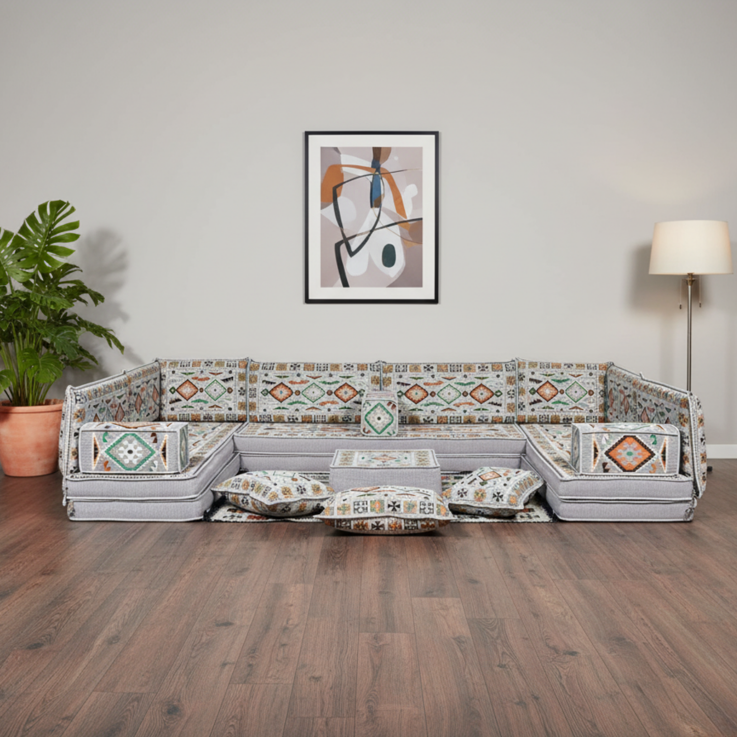 Arabic Floor Sofa Set – Gray U Shaped Majlis Sectional with 8 Inch Cushions